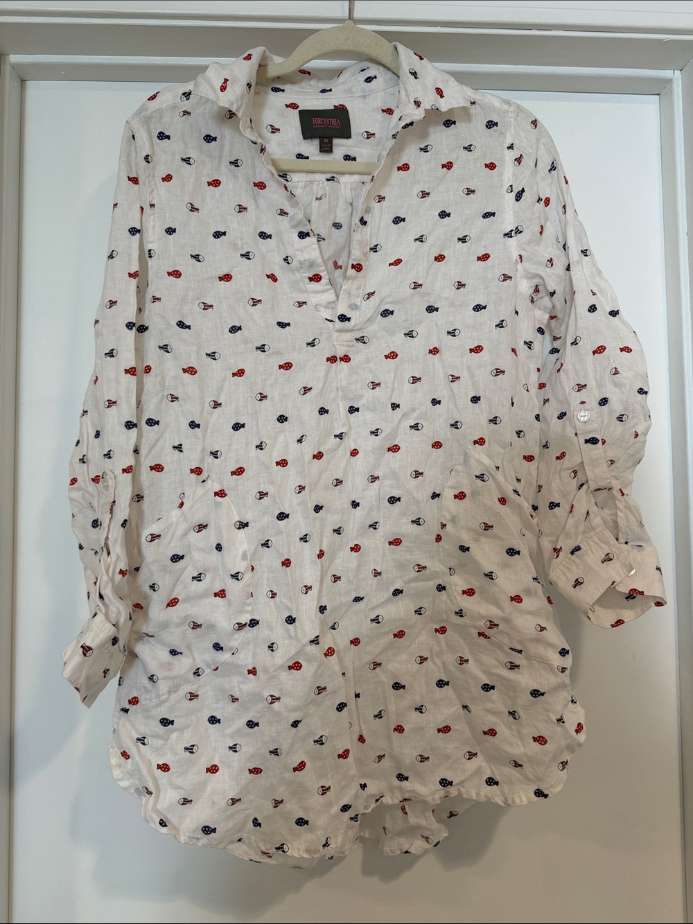 For Cynthia White Tunic with Red and Navy Fish Print